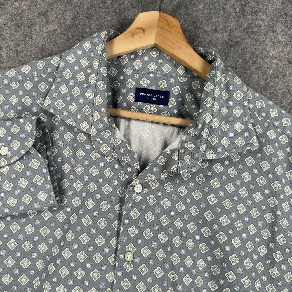 Proper Cloth Shirt‎ Mens 2XL Gray Geometric Long Sleeve Button Front Cotton